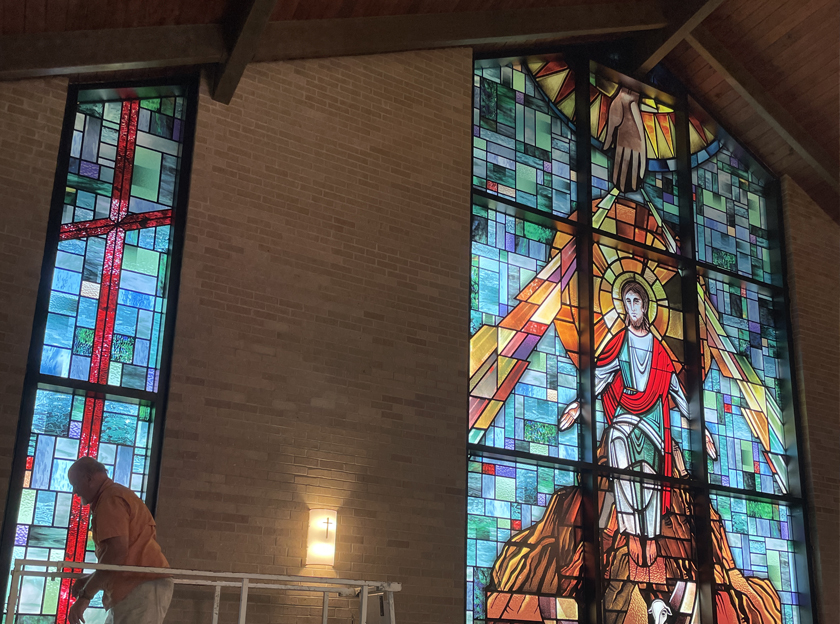 church window sticker in church setting