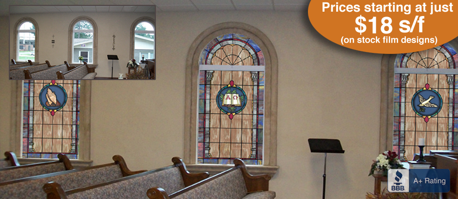 Religious stained glass window film designs for churches- 10 YEAR GUARANTEE